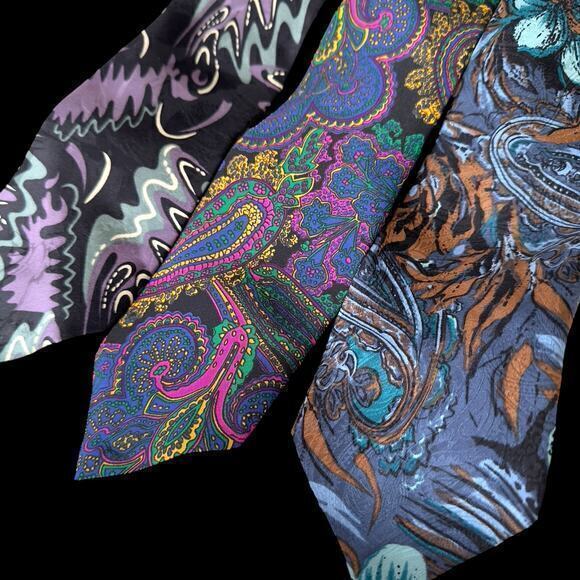 Vintage Other - 3 Vintage Abstract Purple & Blue Silk Neckties Floral Geometric Men’s Tie Lot